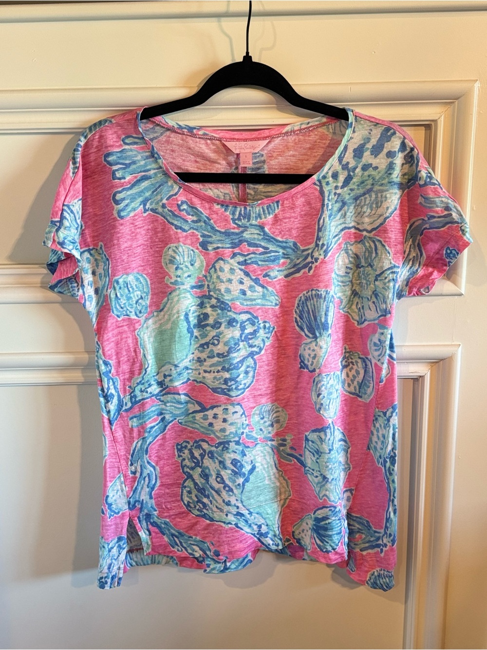 Lilly Pulitzer Mikela 100% Linen Top Pink Pout Barefoot Princess Shells